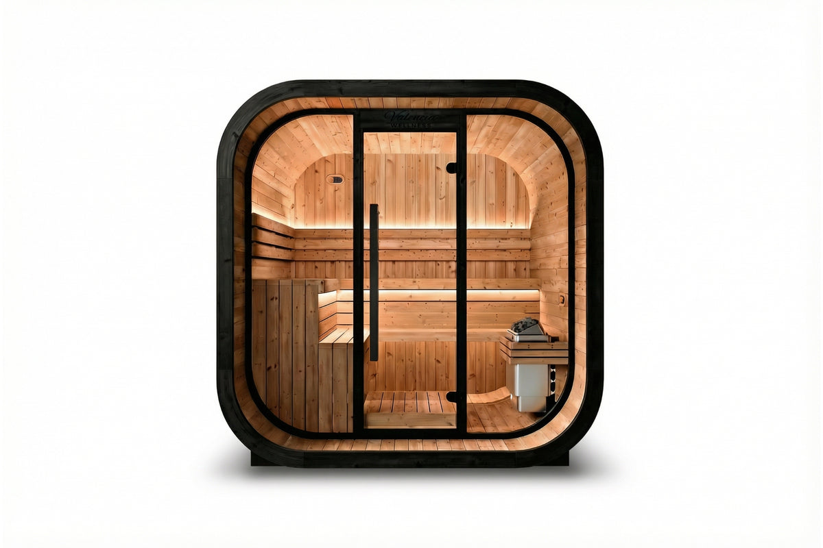 Front view of Valencia Haven 4-6 Person Outdoor Sauna with full-height tempered glass front