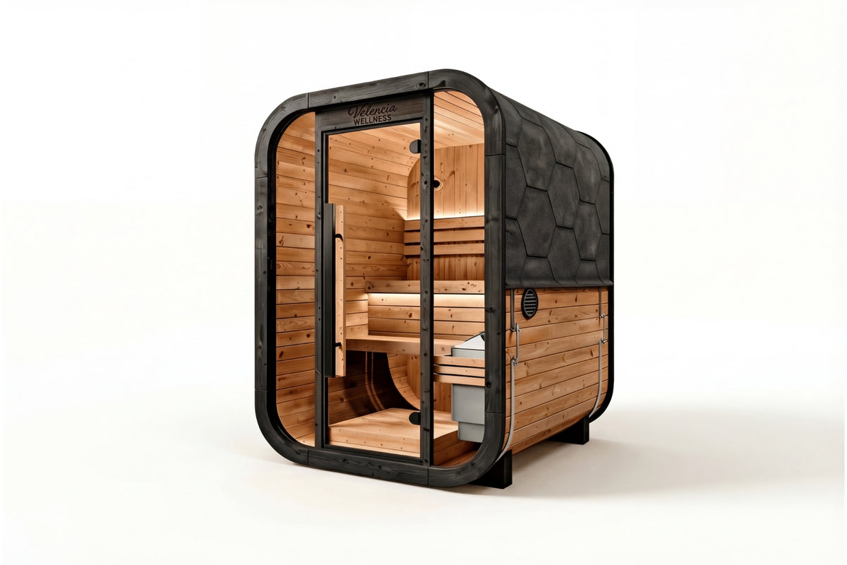 Valencia Haven outdoor sauna angled view showing Finnish pine construction and glass front