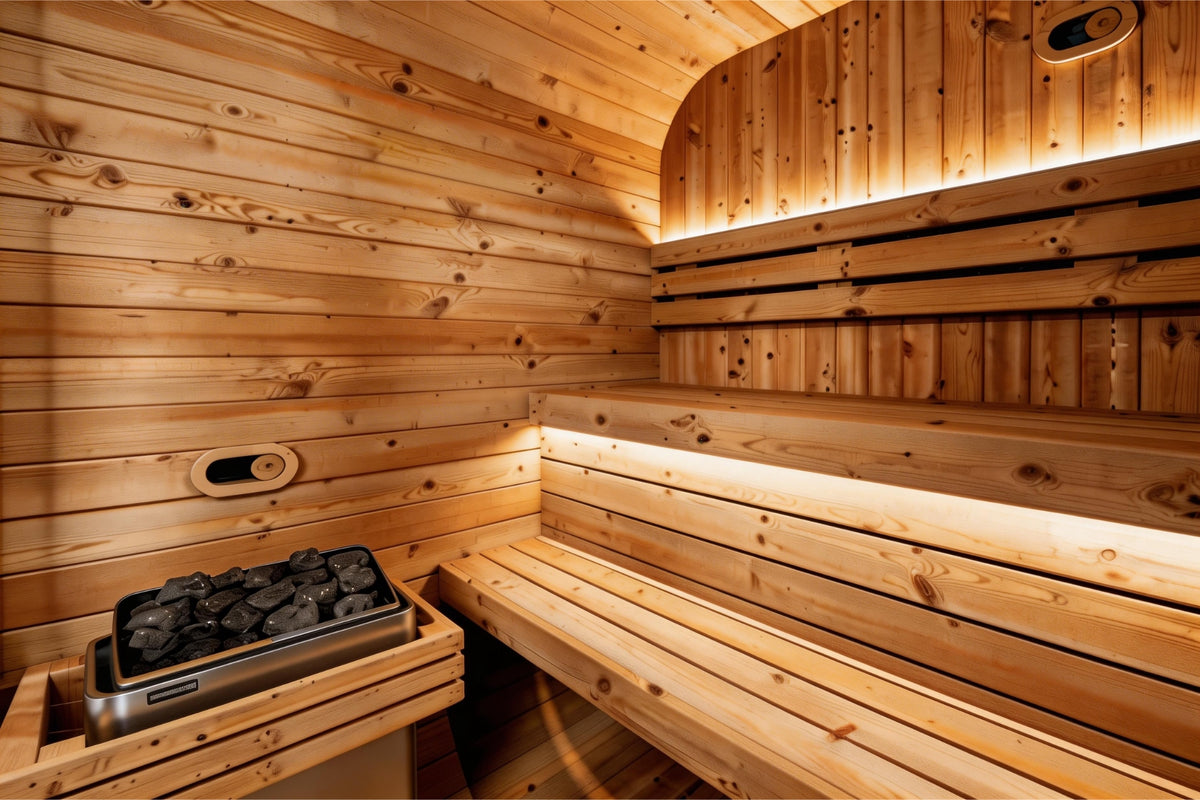 Interior of Valencia Haven outdoor sauna with dual-level raised benches
