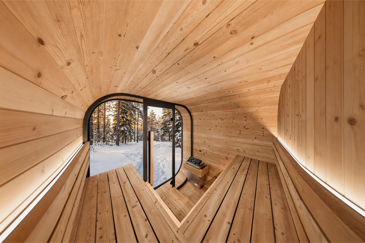 Interior view of Valencia Haven 4-6 Person Outdoor Sauna showing raised benches
