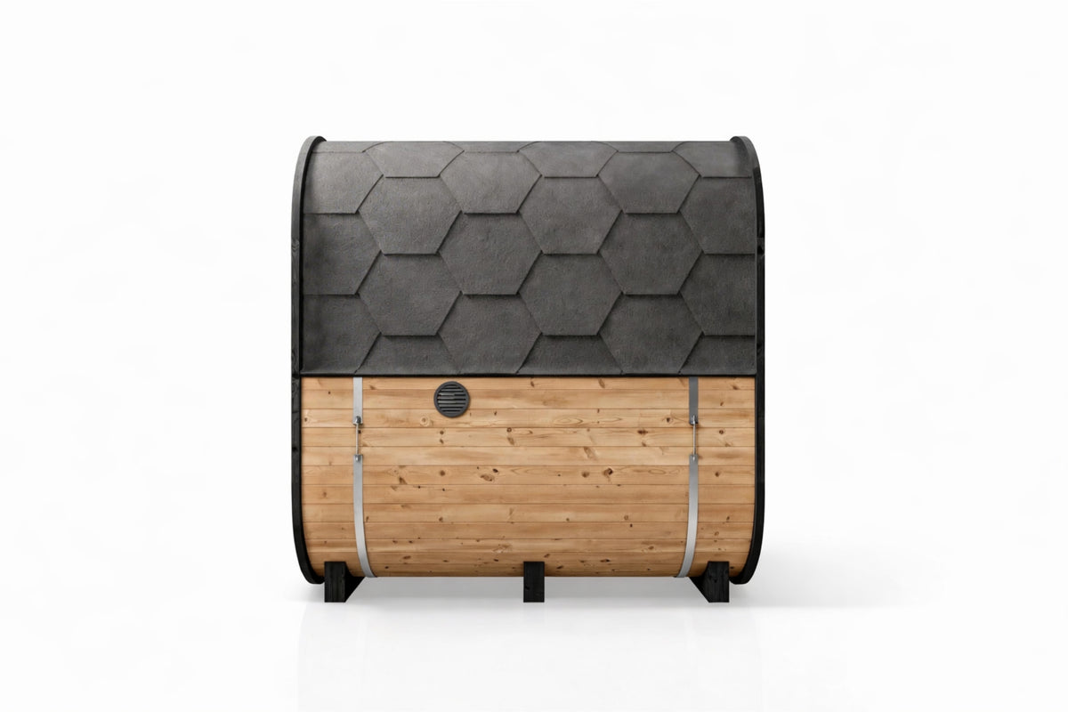 Back view of Valencia Haven 4-6 Person Outdoor Sauna showing outdoor-ready Finnish pine construction